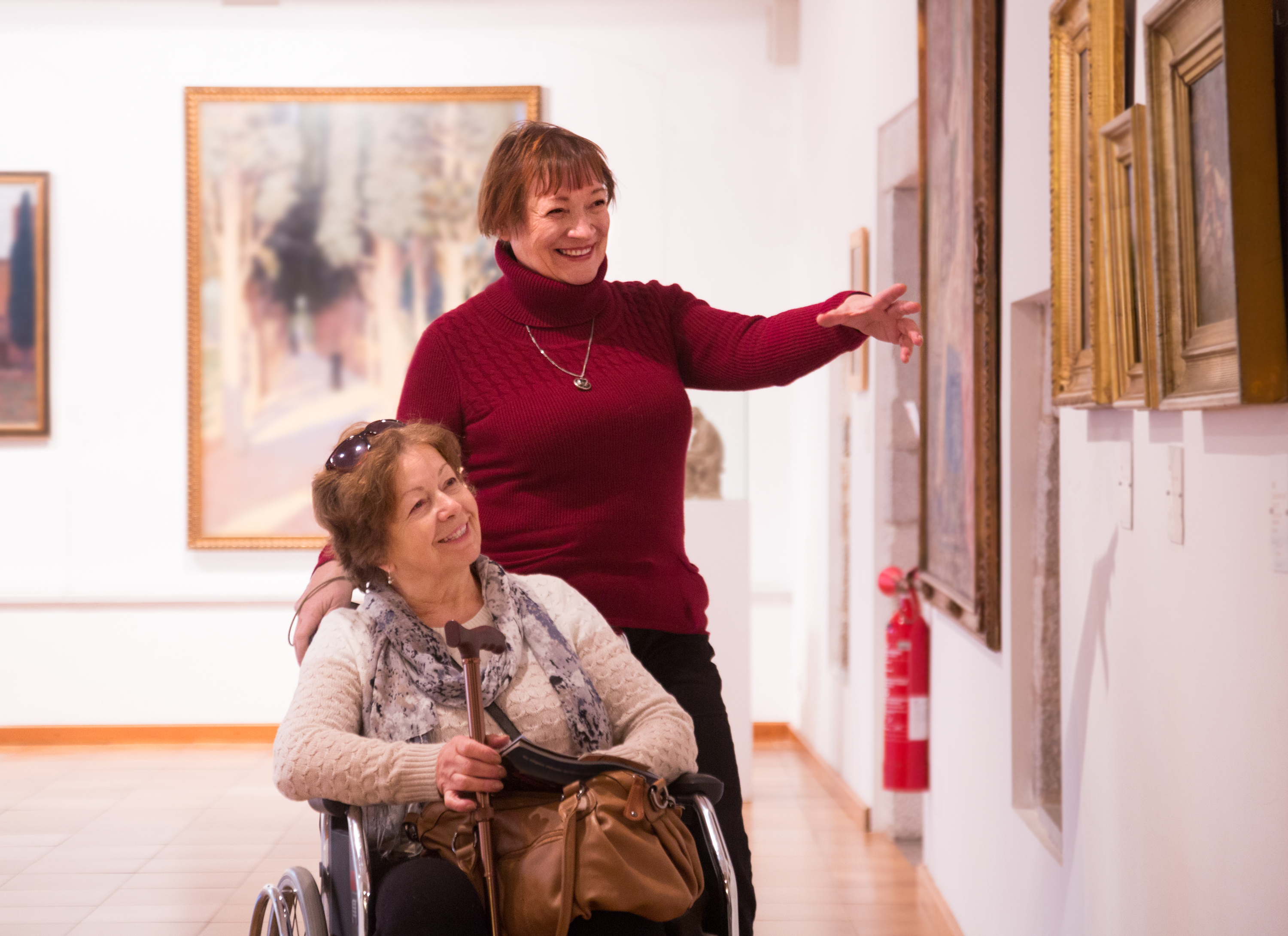 woman in wheelchair viewing artworks