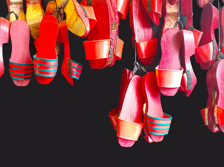 Hanging colourful clogs